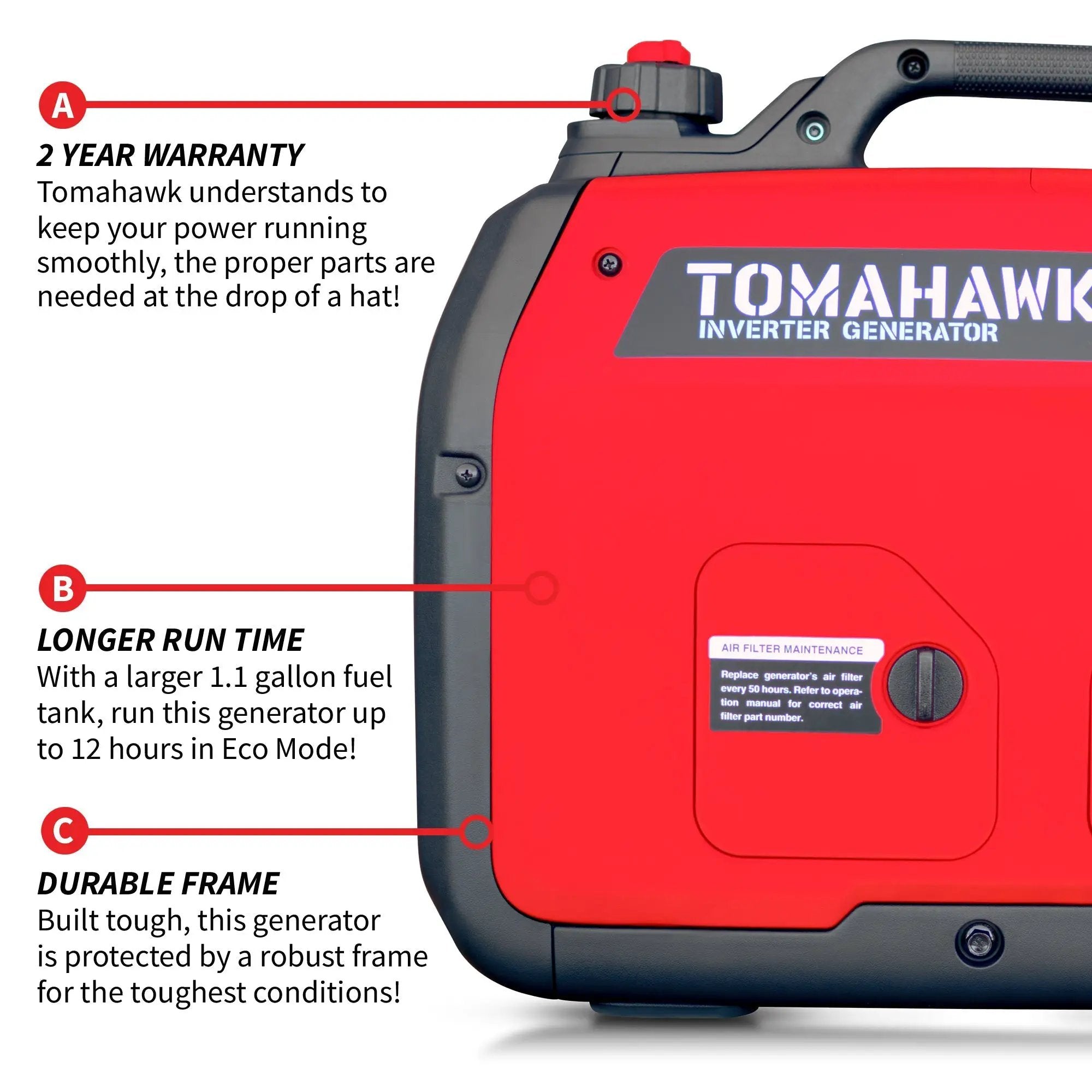 2000 Watt Inverter Generator Super Quiet Portable Gas Power Professional Use by Tomahawk Power