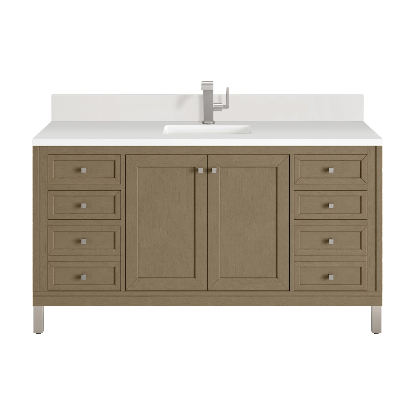 James Martin Chicago 60" Single Bathroom Vanity, Walnut Whisper with White Zeus (Single Hole, with Backsplash) countertop