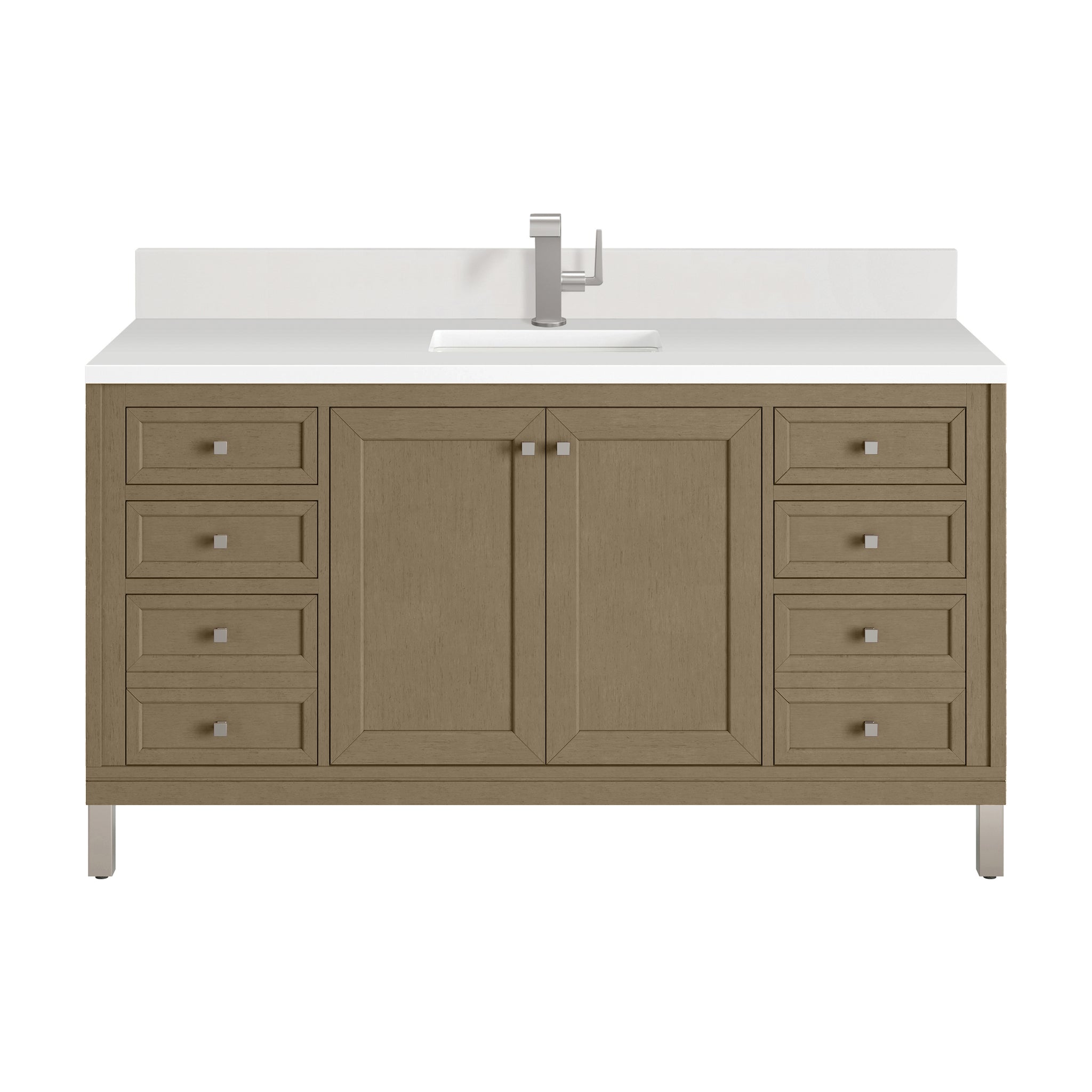 James Martin Chicago 60" Single Bathroom Vanity, Walnut Whisper with White Zeus (Single Hole, with Backsplash) countertop