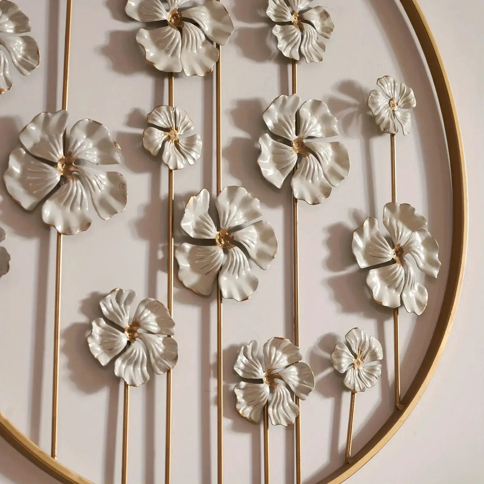 Iron Floral Wall Art with Golden Accents and White Flowers by House Of Avana