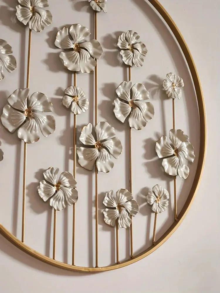 Iron Floral Wall Art with Golden Accents and White Flowers by House Of Avana
