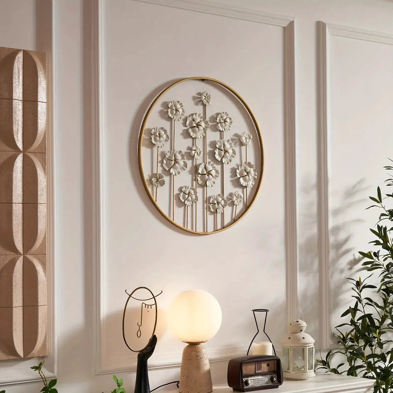 Iron Floral Wall Art with Golden Accents and White Flowers by House Of Avana