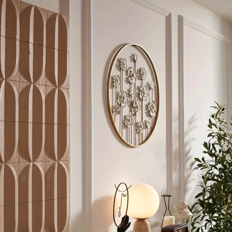 Iron Floral Wall Art with Golden Accents and White Flowers by House Of Avana