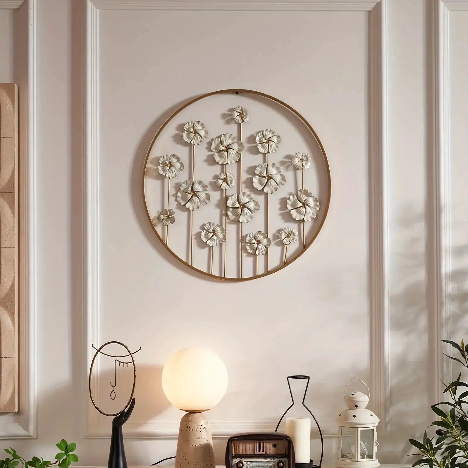 Iron Floral Wall Art with Golden Accents and White Flowers by House Of Avana