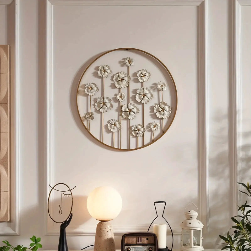 Iron Floral Wall Art with Golden Accents and White Flowers by House Of Avana