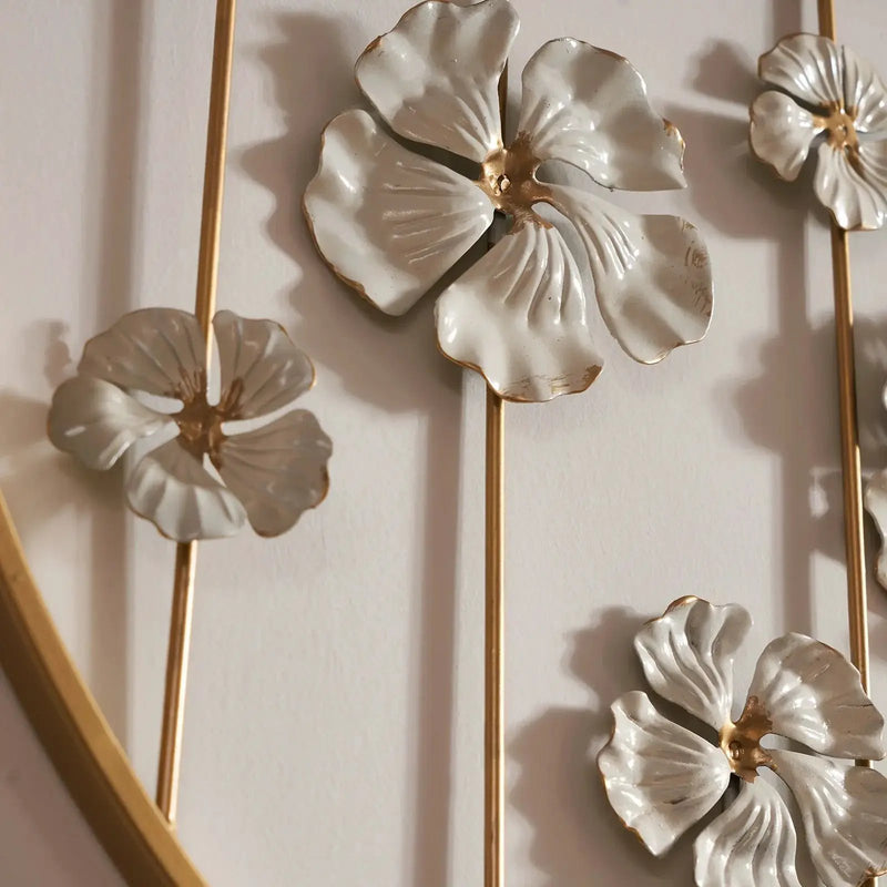 Iron Floral Wall Art with Golden Accents and White Flowers by House Of Avana