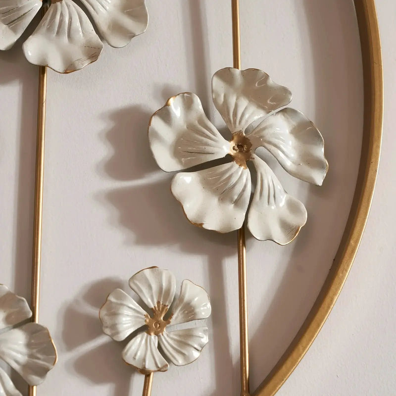Iron Floral Wall Art with Golden Accents and White Flowers by House Of Avana