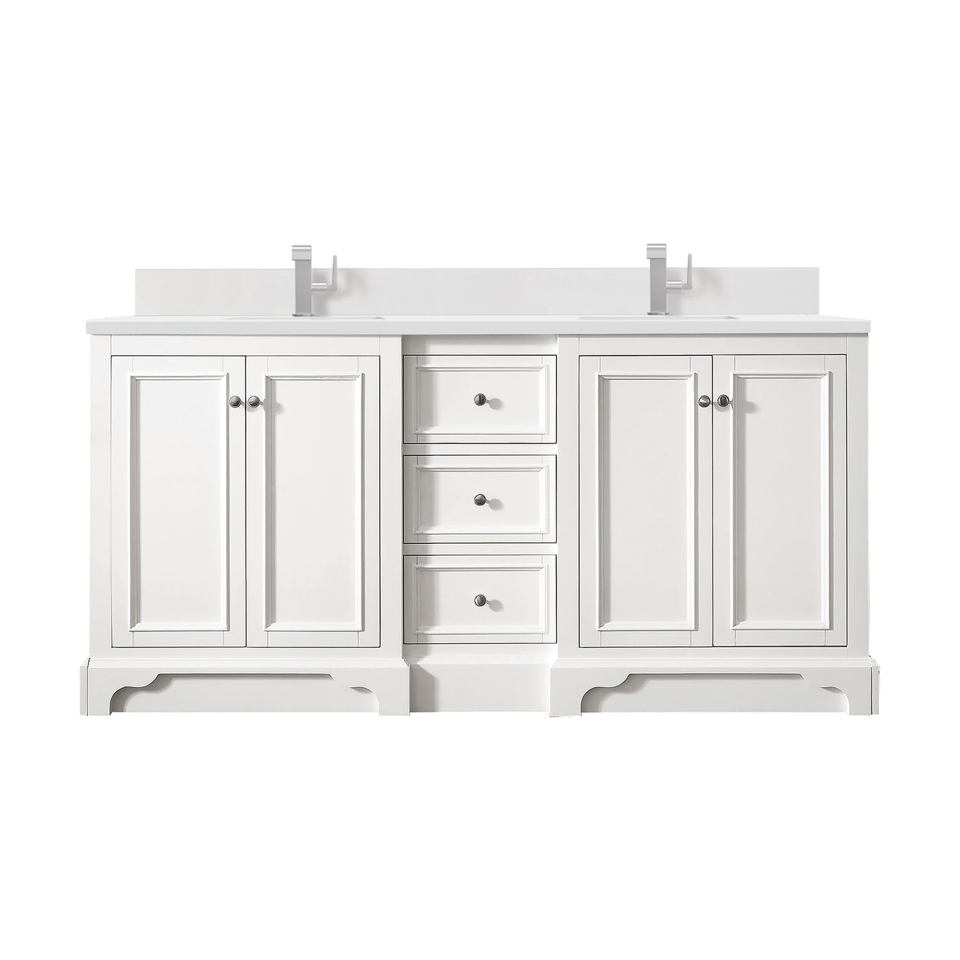 James Martin De Soto 72" Double Bathroom Vanity, Bright White with White Zeus (Single Hole, with Backsplash) countertop