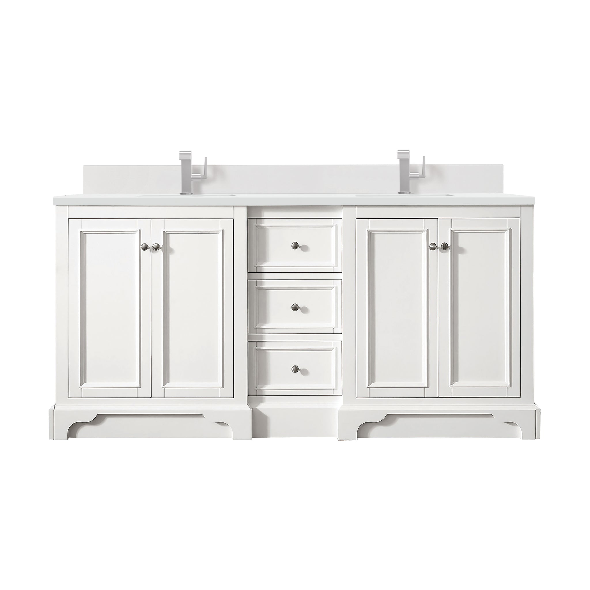 James Martin De Soto 72" Double Bathroom Vanity, Bright White with White Zeus (Single Hole, with Backsplash) countertop