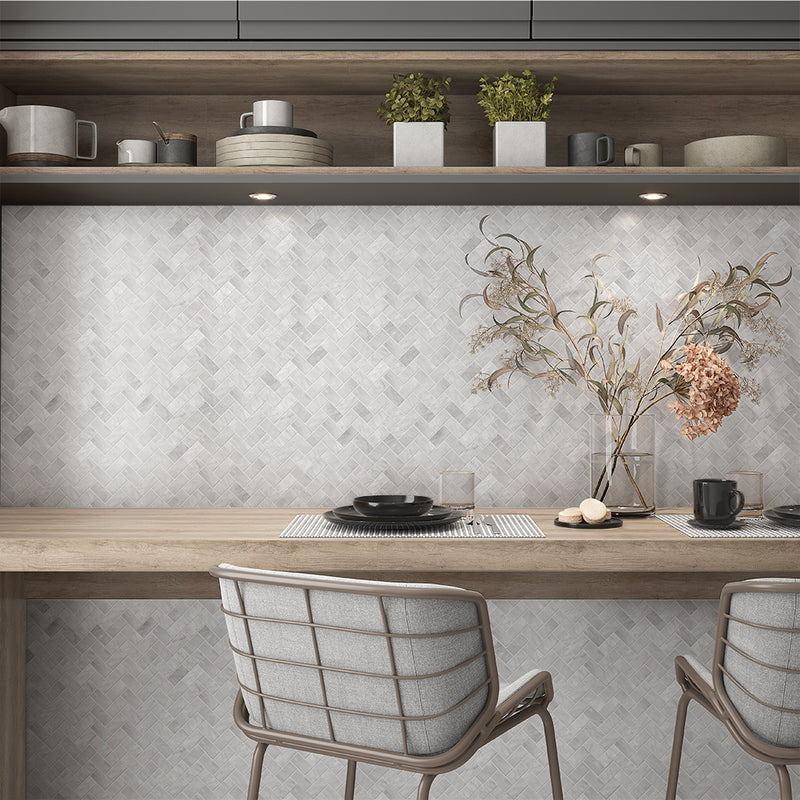 Italian Carrara Honed Herringbone Marble Mosaics 12 1/8x13 3/8 Marble Honed 12x18 Mosaics — 2