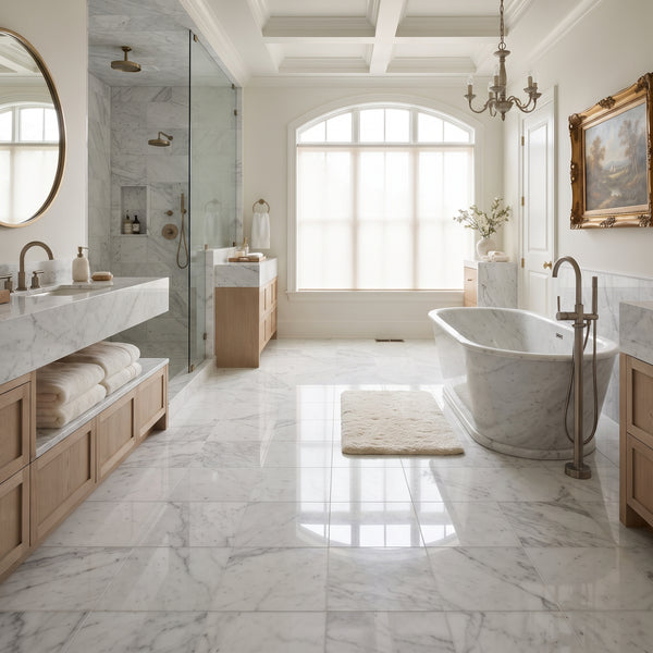 A luxurious, bright bathroom featuring white marble flooring and walls, a freestanding white marble bathtub with a chrome faucet, a double vanity with light wood cabinets and a marble countertop, and a glass shower enclosure.