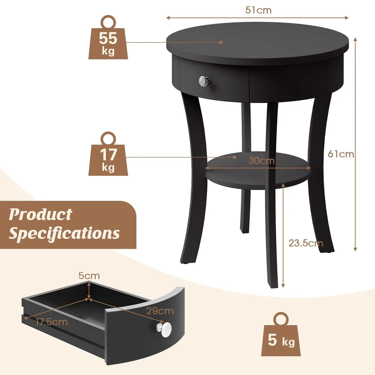 2-Tier Wood Round End Table with Open Drawer-Black, photo 5 of 10