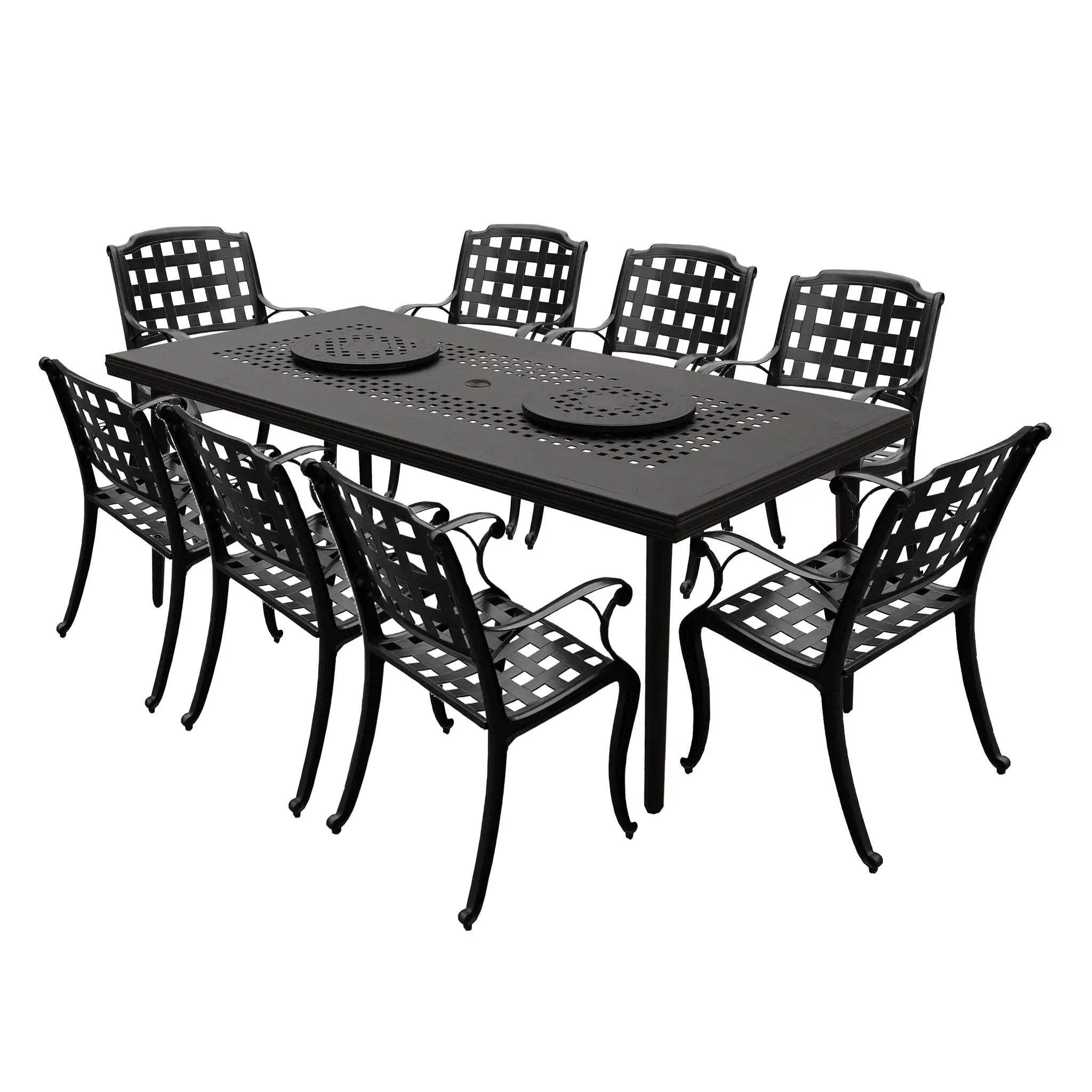 Aluminum 9pc Rectangular Patio Dining Set, Lazy Susans, Eight Chairs by Sharicks