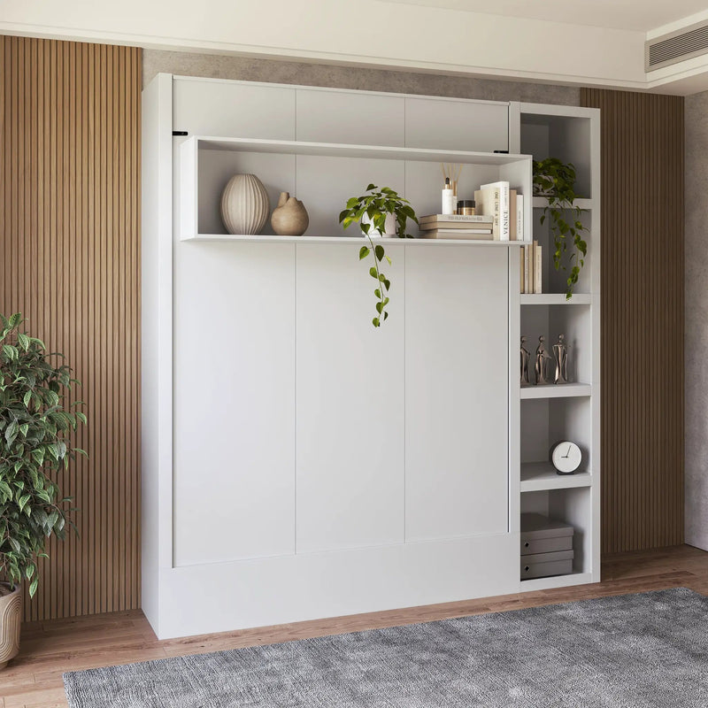 Easy-Lift Queen Murphy Wall Bed in White with Bookshelf by Sharicks