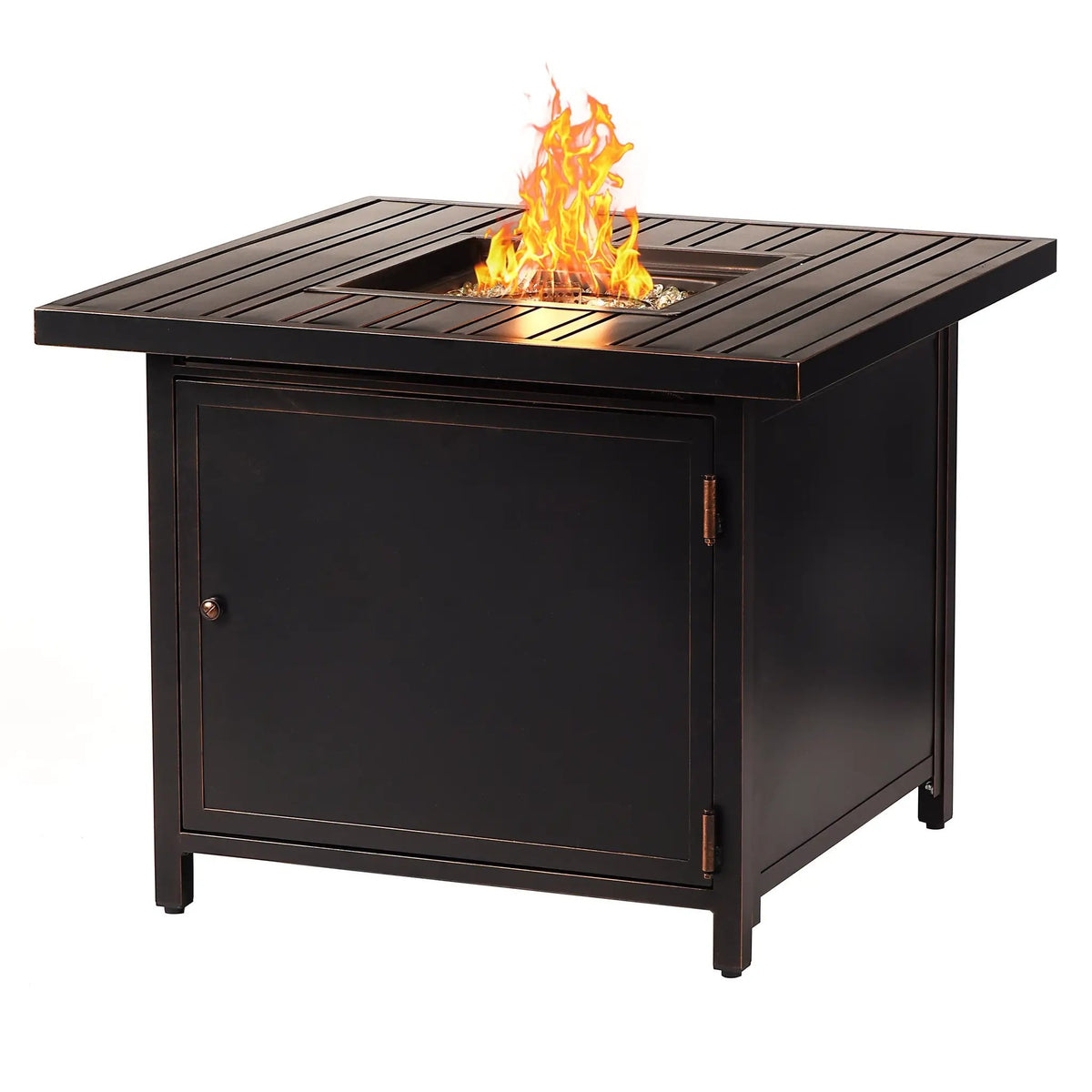 Black Aluminum Fire Table Bistro Set with Two Club Chairs by Sharicks