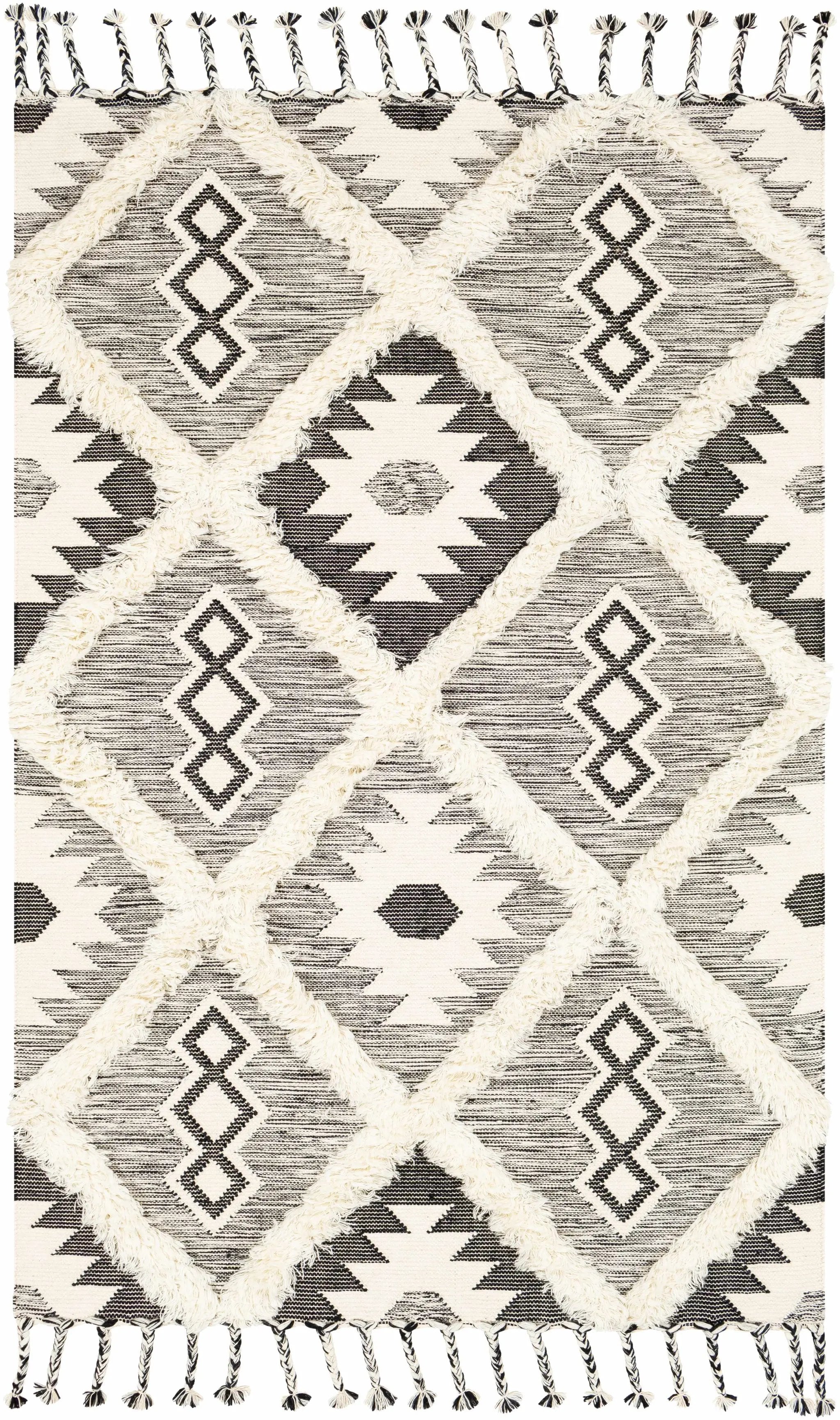 Jarales Cream/Black Tribal Tassel Wool Rug - Clearance by Boutique Rugs