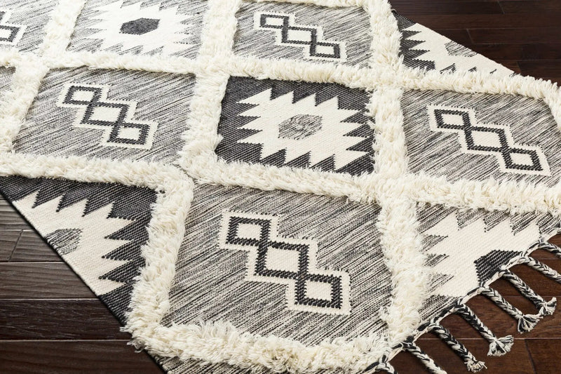 Jarales Cream/Black Tribal Tassel Wool Rug - Clearance by Boutique Rugs