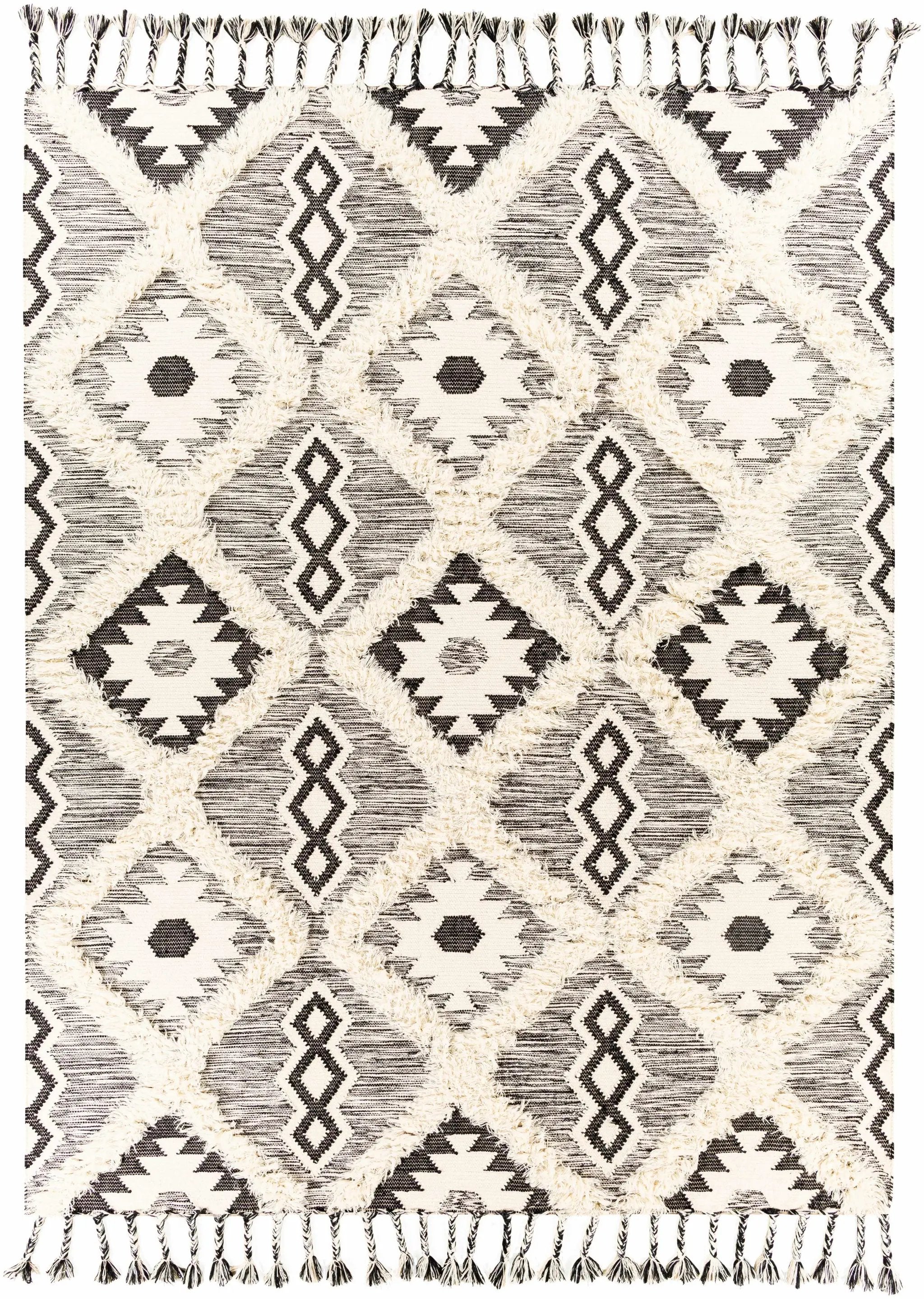Jarales Cream/Black Tribal Tassel Wool Rug - Clearance by Boutique Rugs