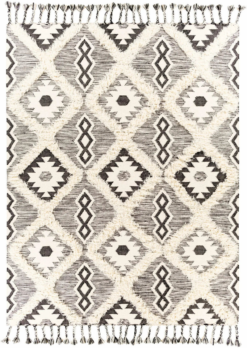 Jarales Cream/Black Tribal Tassel Wool Rug - Clearance by Boutique Rugs