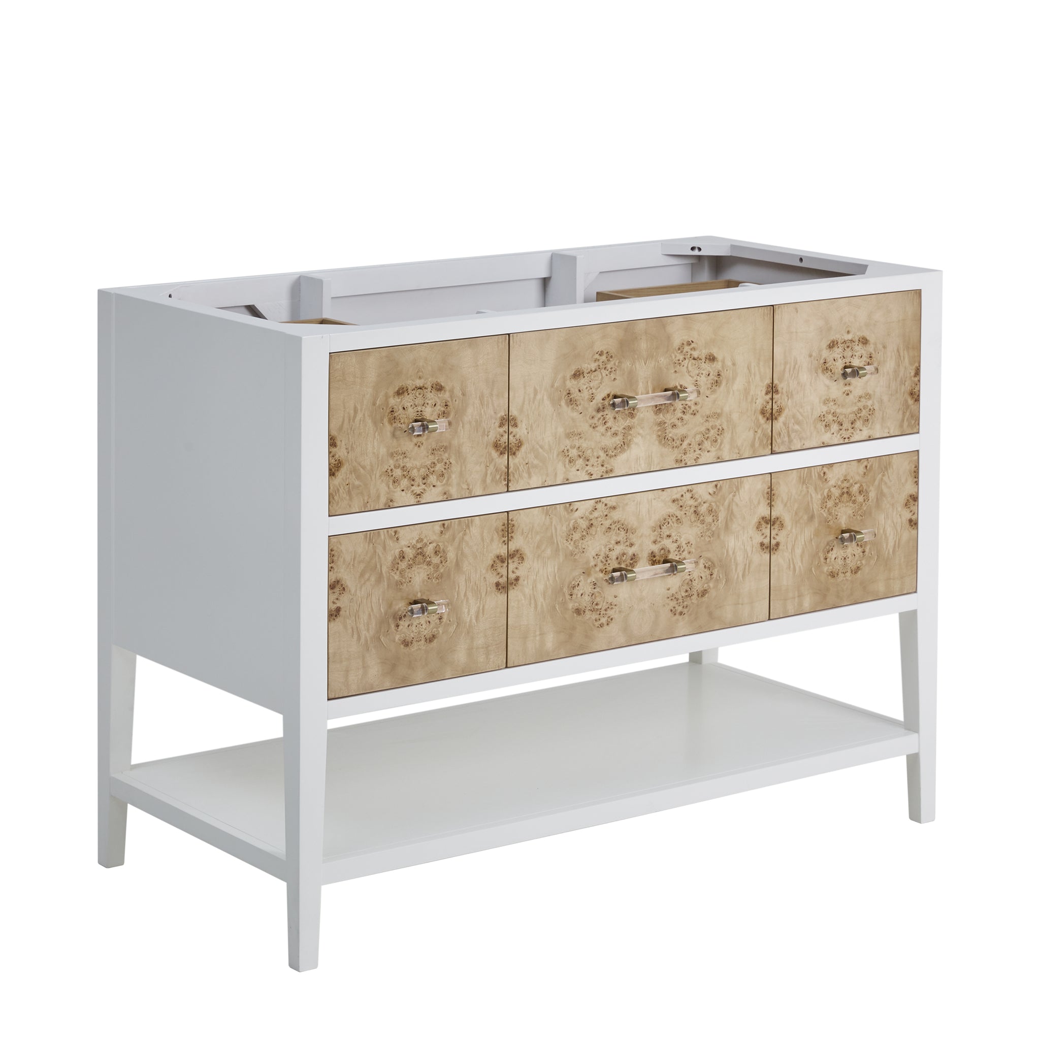 James Martin Olena 48" Single Bathroom Vanity, Polished White and Light Mappa Burl, cabinet without a countertop