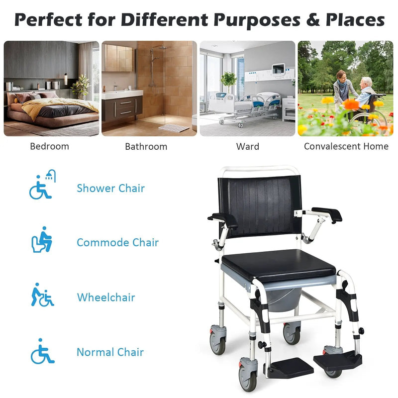4-in-1 Bedside Commode Wheelchair with Detachable Bucket by DirectDeals