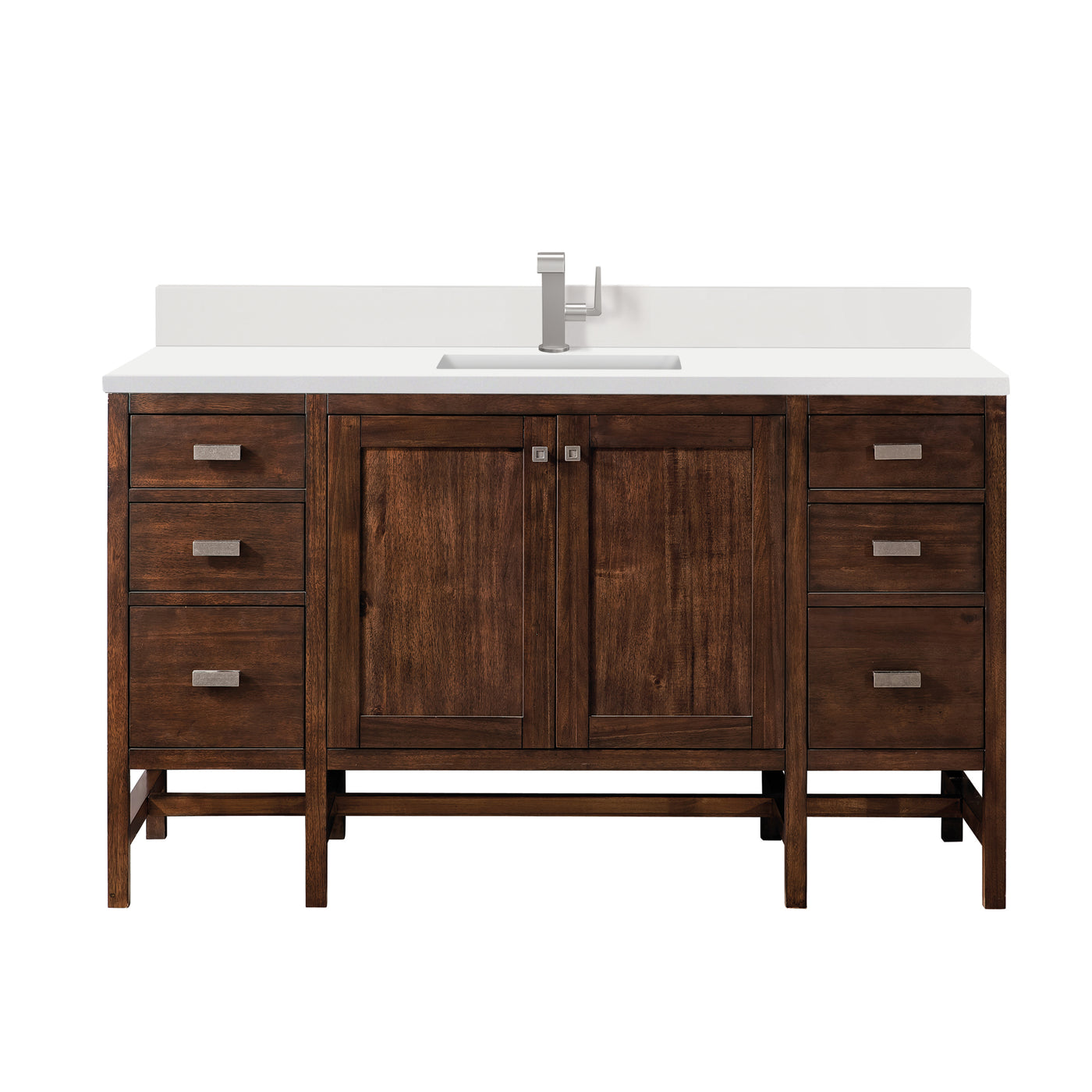 James Martin Addison 60" Single Bathroom Vanity, Mid-Century Acacia with White Zeus (Single Hole, with Backsplash) countertop