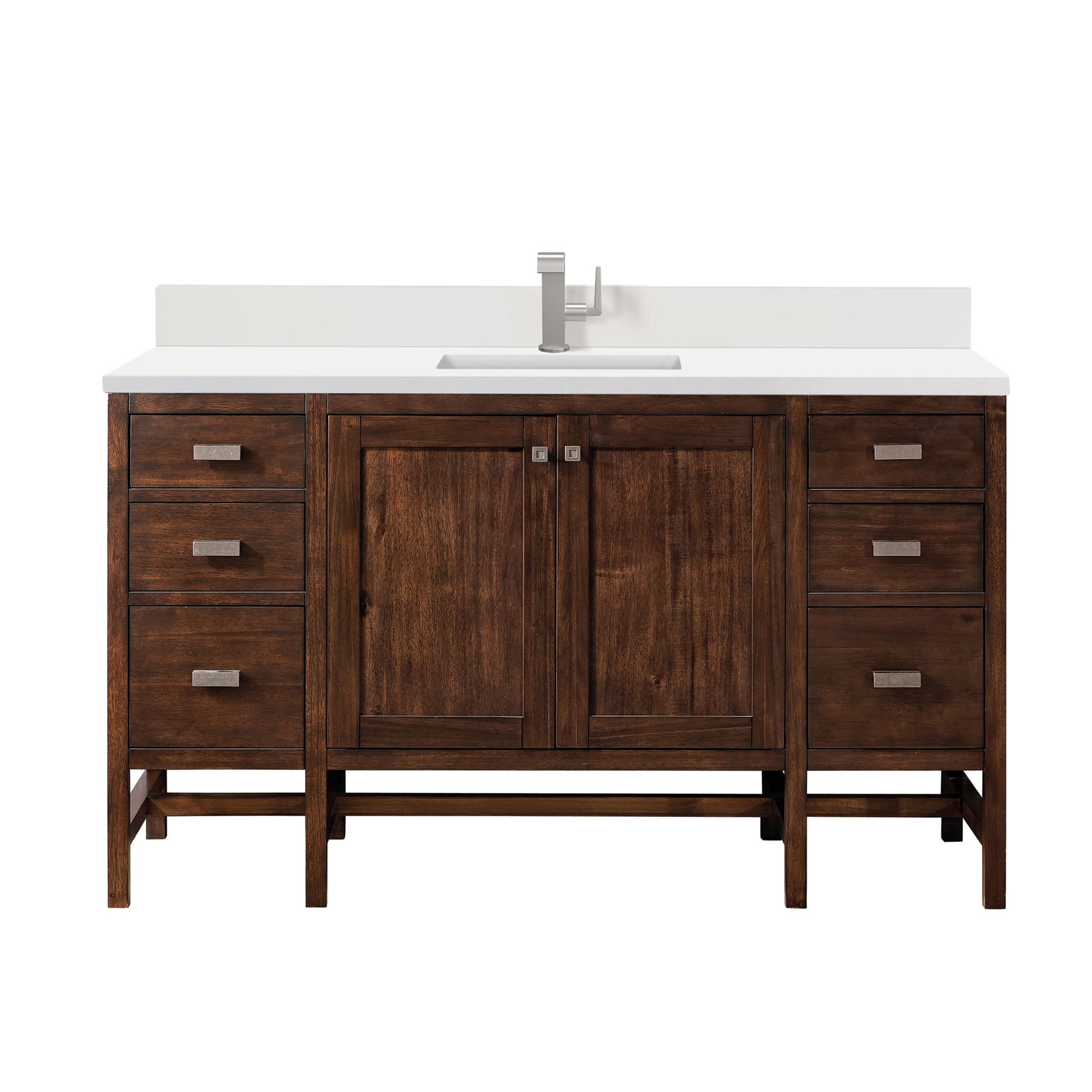 James Martin Addison 60" Single Bathroom Vanity, Mid-Century Acacia with White Zeus (Single Hole, with Backsplash) countertop