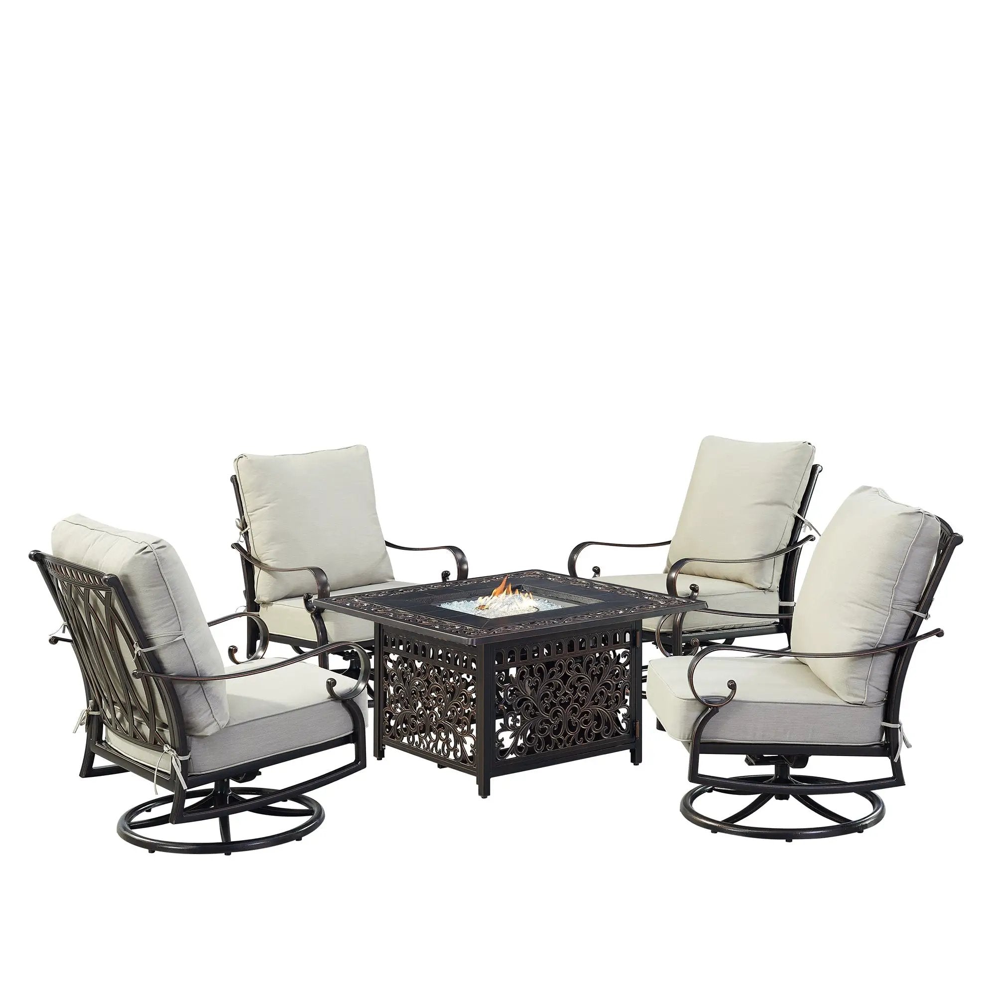 Black Aluminum Fire Table Set with Four Club Chairs by Sharicks