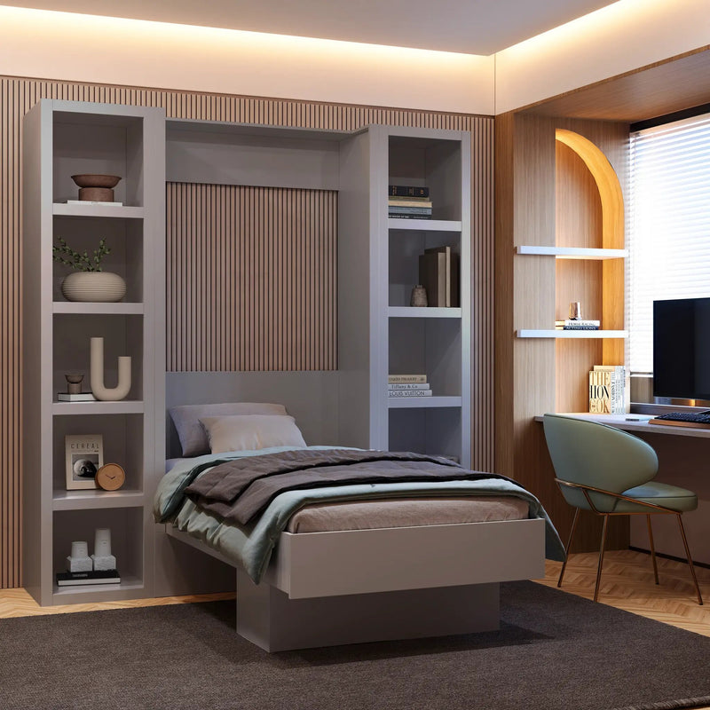 Easy-Lift Twin Murphy Wall Bed in Grey with Two Bookshelves by Sharicks