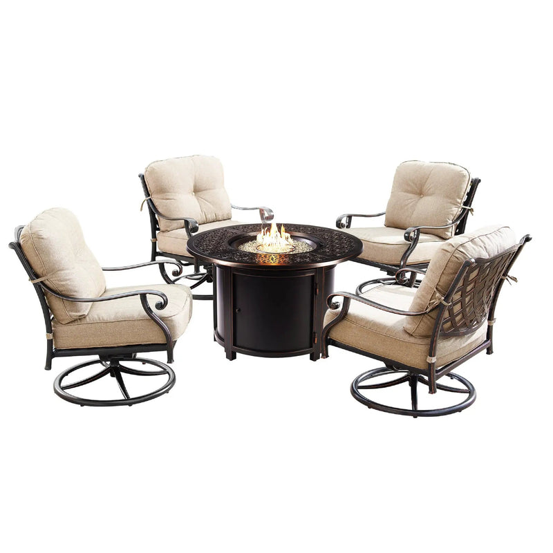 Aluminum 44-in Round Patio Fire Table Set with Swivel Rocking Chairs by Sharicks