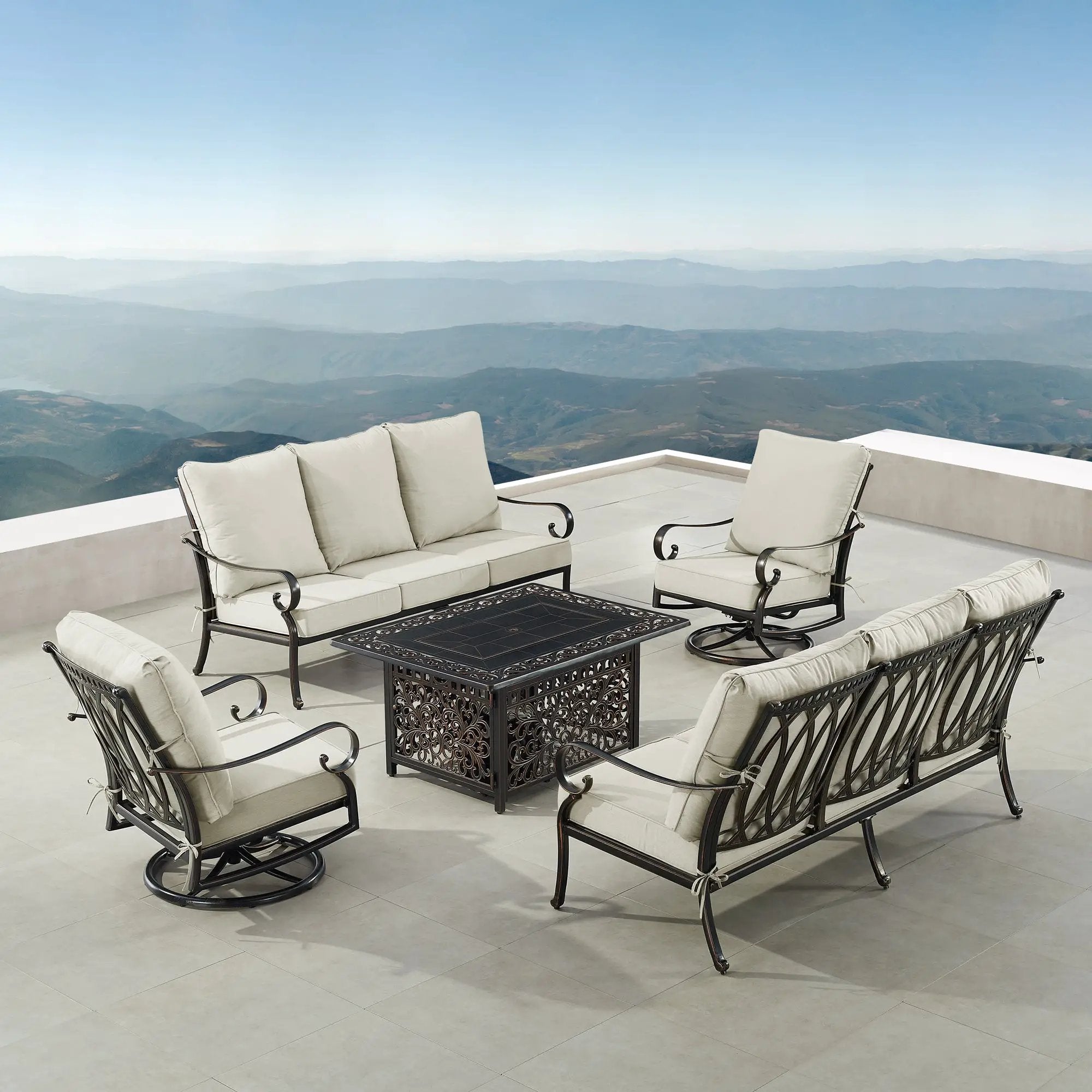 Black Aluminum Fire Table Set with Two Sofas and Two Club Chairs by Sharicks