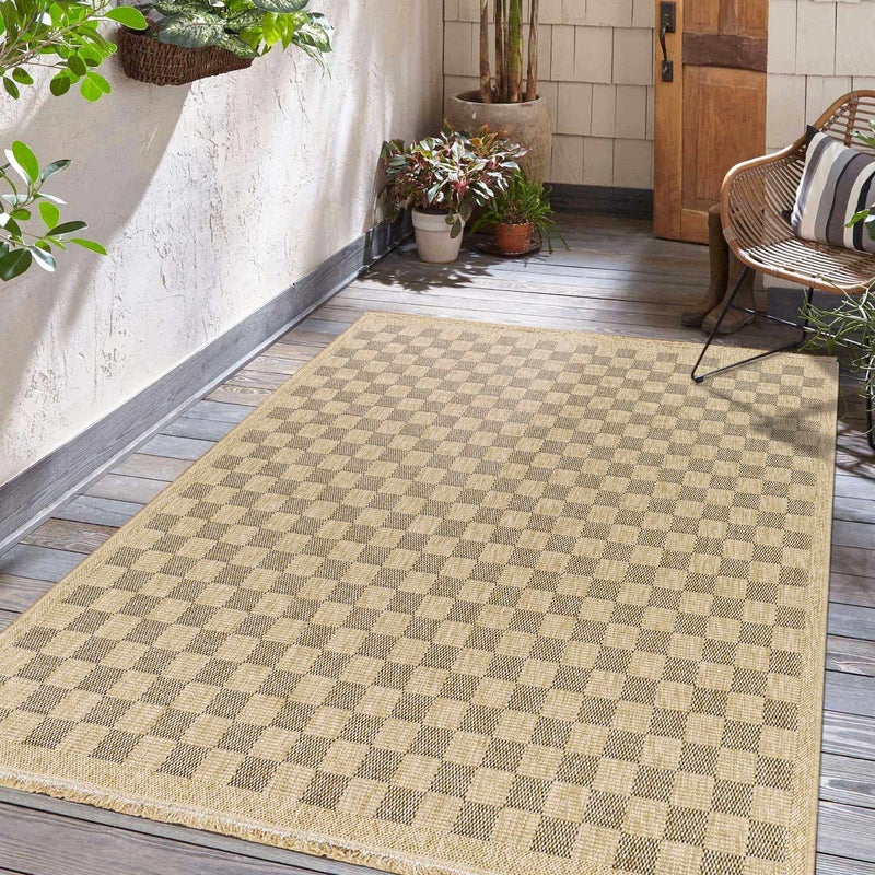 Jurek Beige & Brown Checkered Outdoor Area Rug by Boutique Rugs