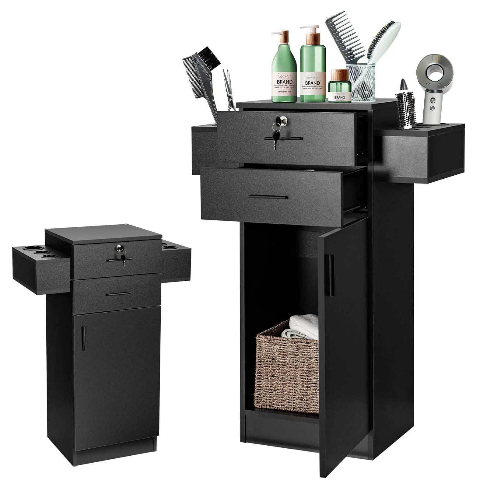 Salon Station Storage Cabinet with 6 Hair Dryer Holders for Hair Stylist-Black by DirectDeals