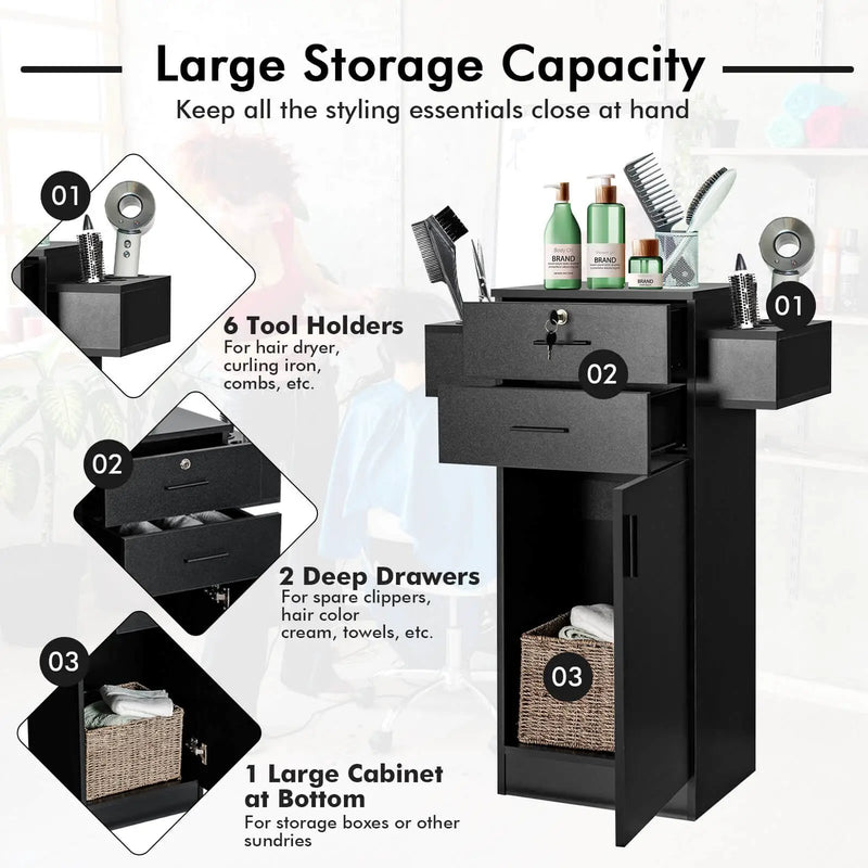 Salon Station Storage Cabinet with 6 Hair Dryer Holders for Hair Stylist-Black by DirectDeals