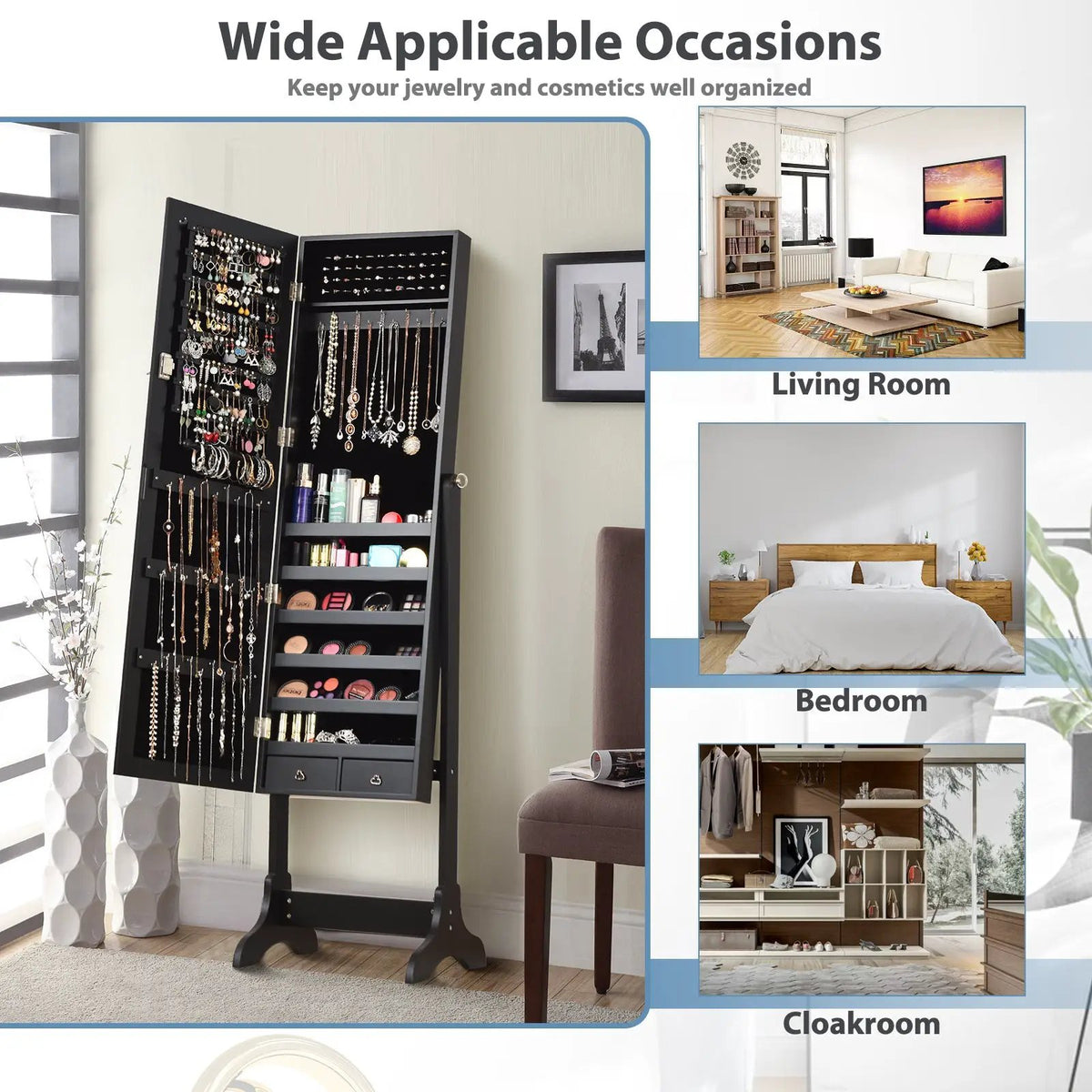 Lockable Mirrored Jewelry Cabinet Armoire Storage Organizer Box, photo 8 of 9