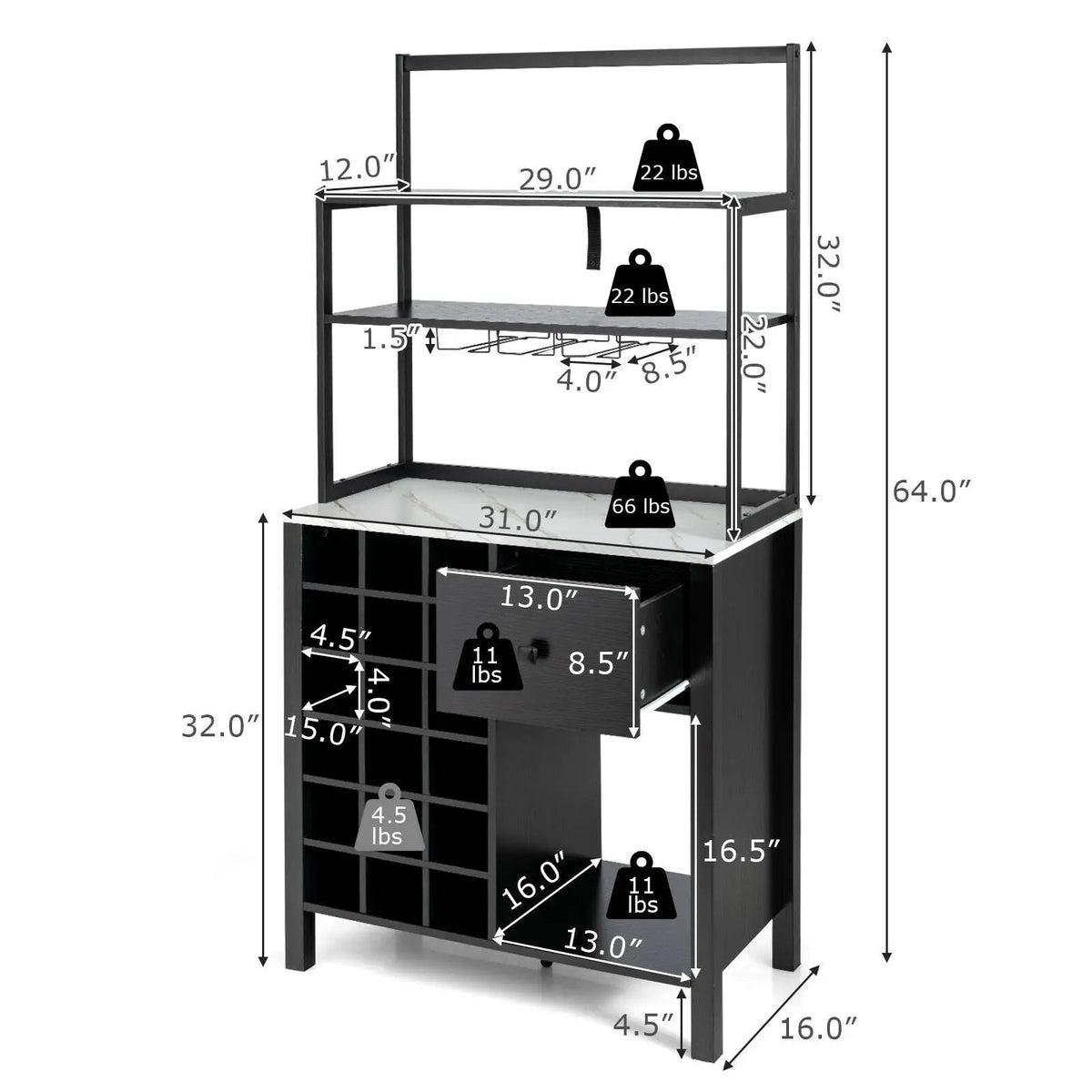 Kitchen Bakers Rack Freestanding Wine Rack Table with Glass Holder and Drawer, photo 4 of 9