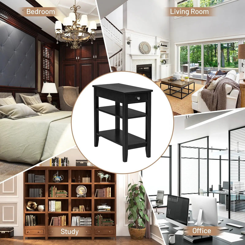 Side End Table with Drawer and 2-Tier Open Storage Shelves for Space Saving by DirectDeals