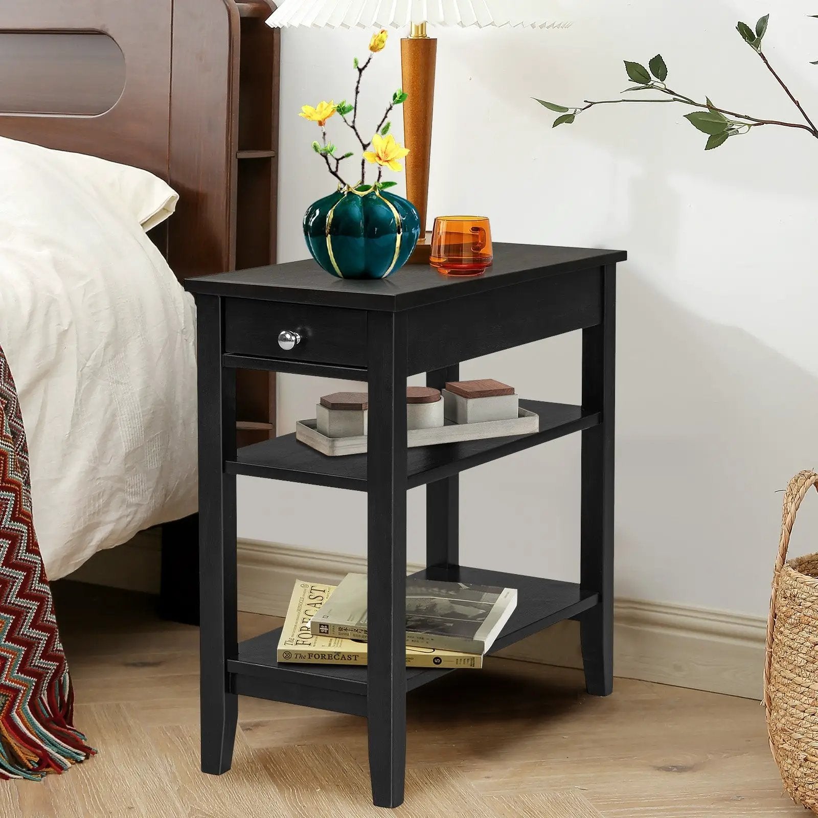 Side End Table with Drawer and 2-Tier Open Storage Shelves for Space Saving by DirectDeals