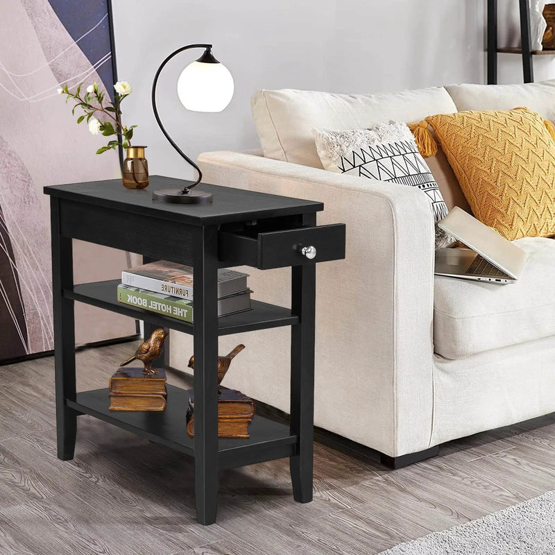 Side End Table with Drawer and 2-Tier Open Storage Shelves for Space Saving by DirectDeals