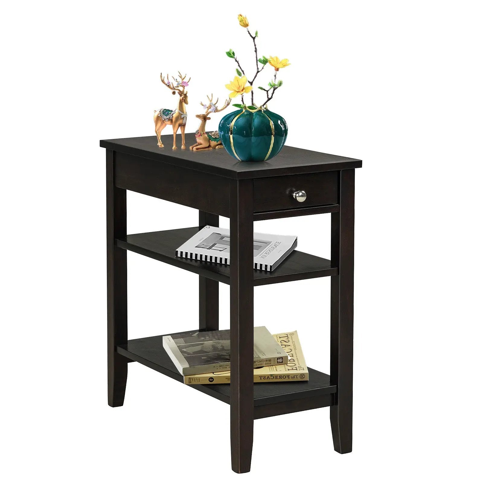 Side End Table with Drawer and 2-Tier Open Storage Shelves for Space Saving by DirectDeals