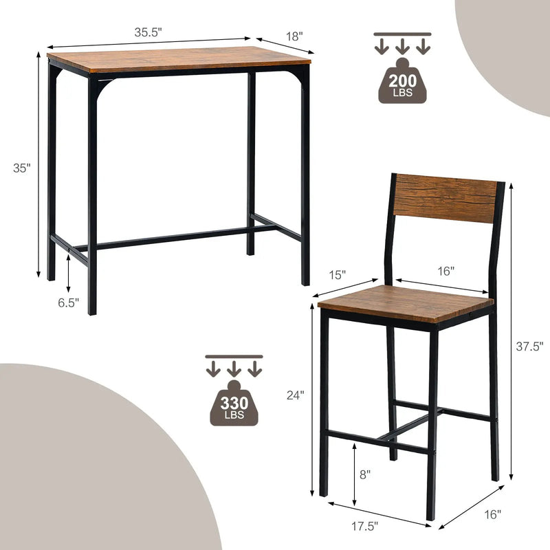 3 Pieces Bar Table Set with 2 Stools-Black by DirectDeals