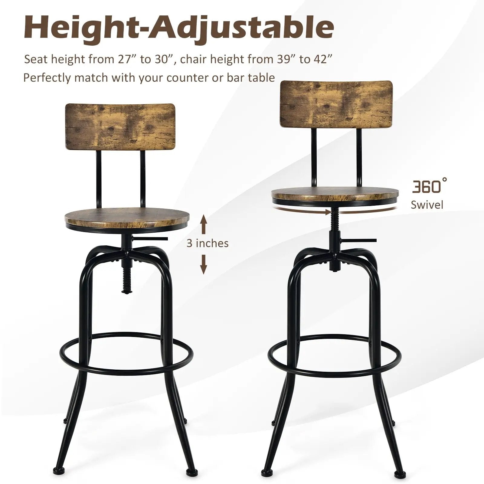 Adjustable Swivel Counter-Height Stool with Arc-Shaped Backrest-Rustic Brown by DirectDeals