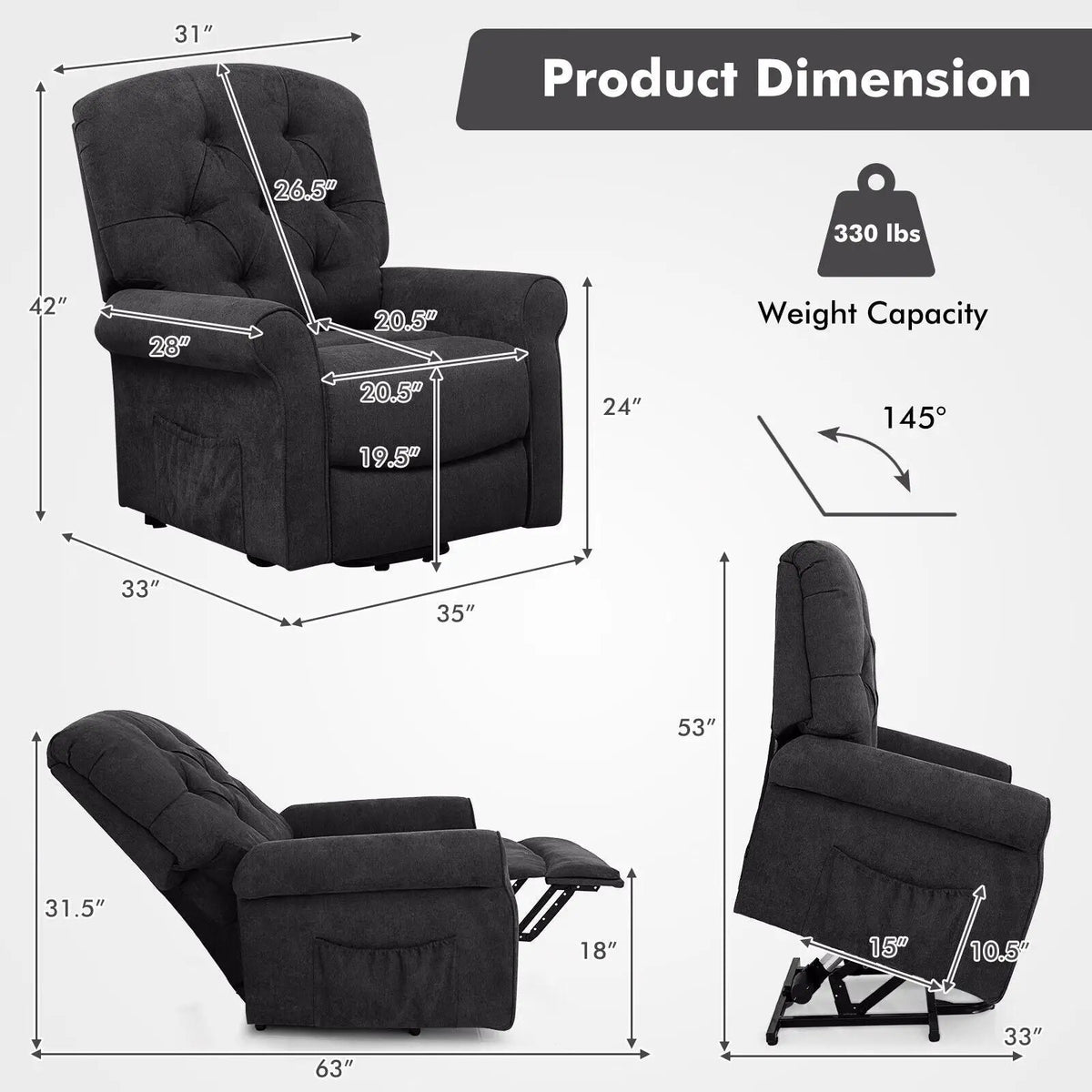 Recliner Chair Sofa for Elderly with Side Pocket and Remote Control, photo 10 of 16