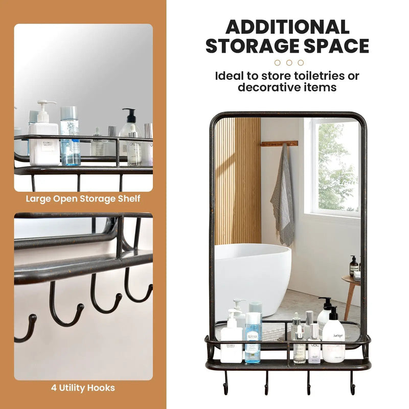 Wall Bathroom Mirror with Shelf Hooks Sturdy Metal Frame for Bedroom Living Room by DirectDeals