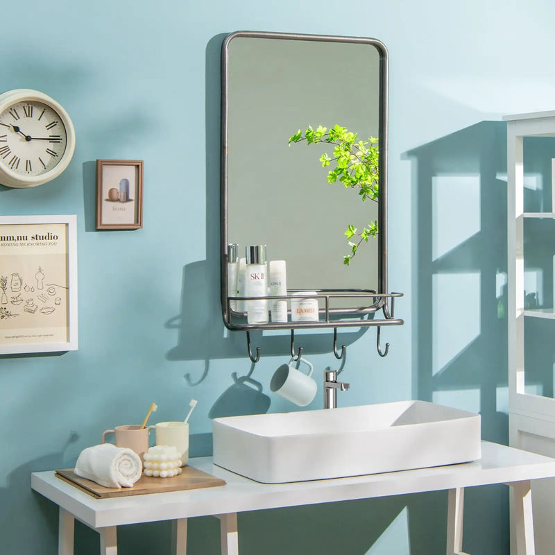 Wall Bathroom Mirror with Shelf Hooks Sturdy Metal Frame for Bedroom Living Room by DirectDeals