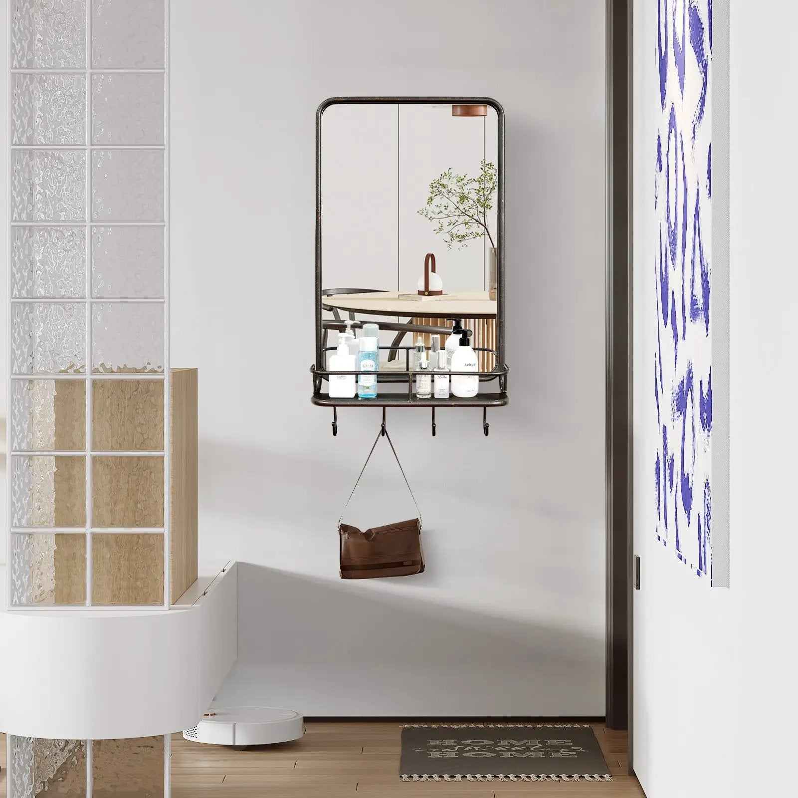 Wall Bathroom Mirror with Shelf Hooks Sturdy Metal Frame for Bedroom Living Room by DirectDeals