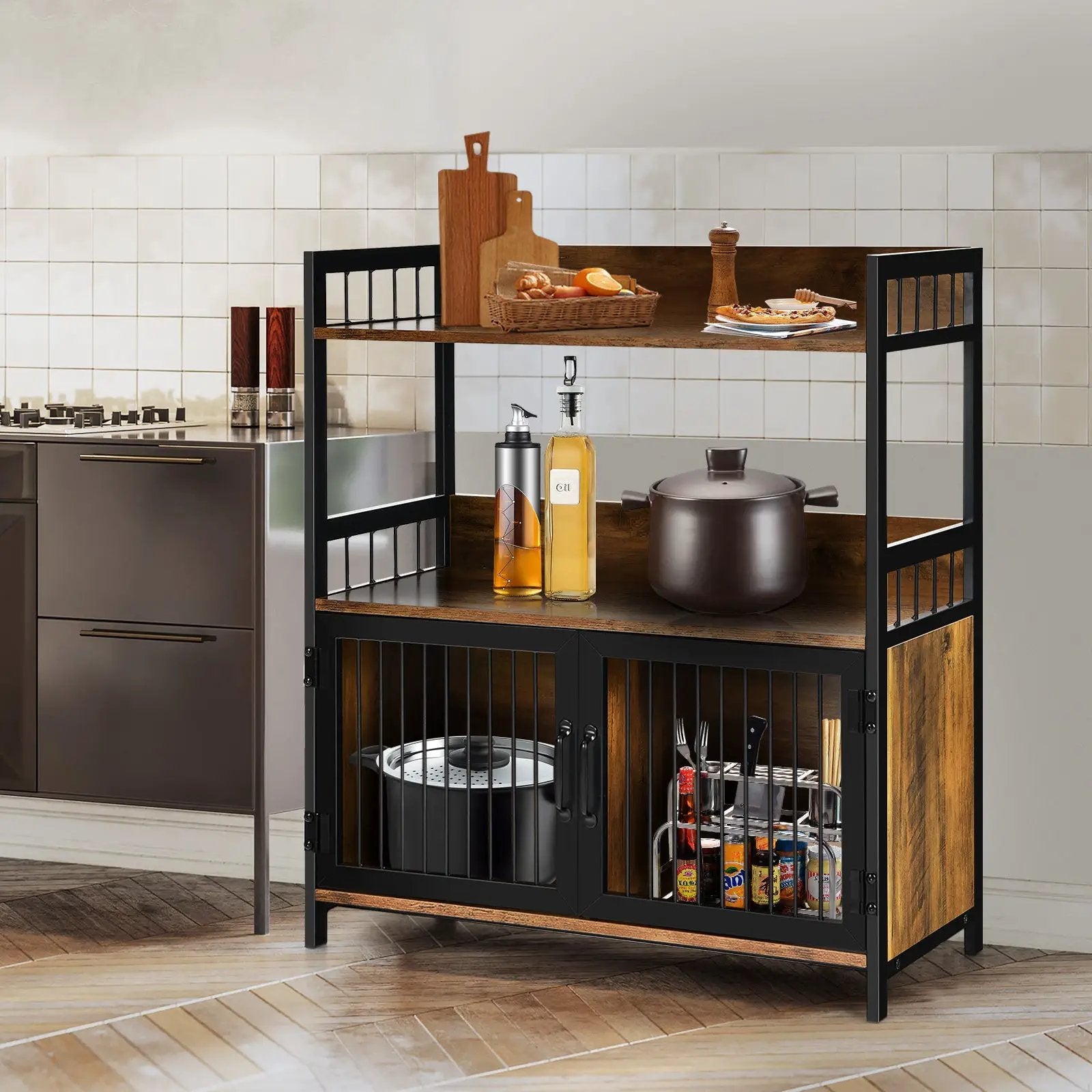 2-Tier Baker's Rack Industrial Kitchen Microwave Oven Stand with Storage Cabinet-Rustic Brown by DirectDeals