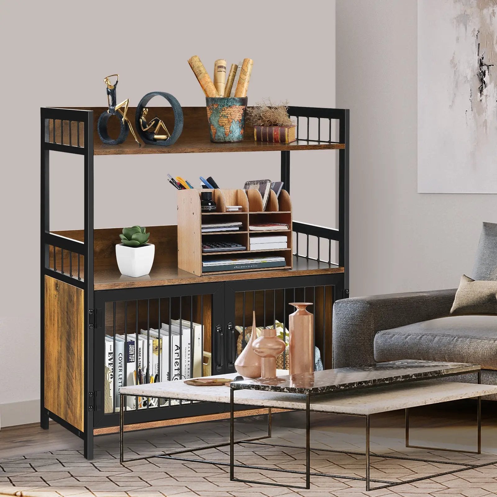 2-Tier Baker's Rack Industrial Kitchen Microwave Oven Stand with Storage Cabinet-Rustic Brown by DirectDeals
