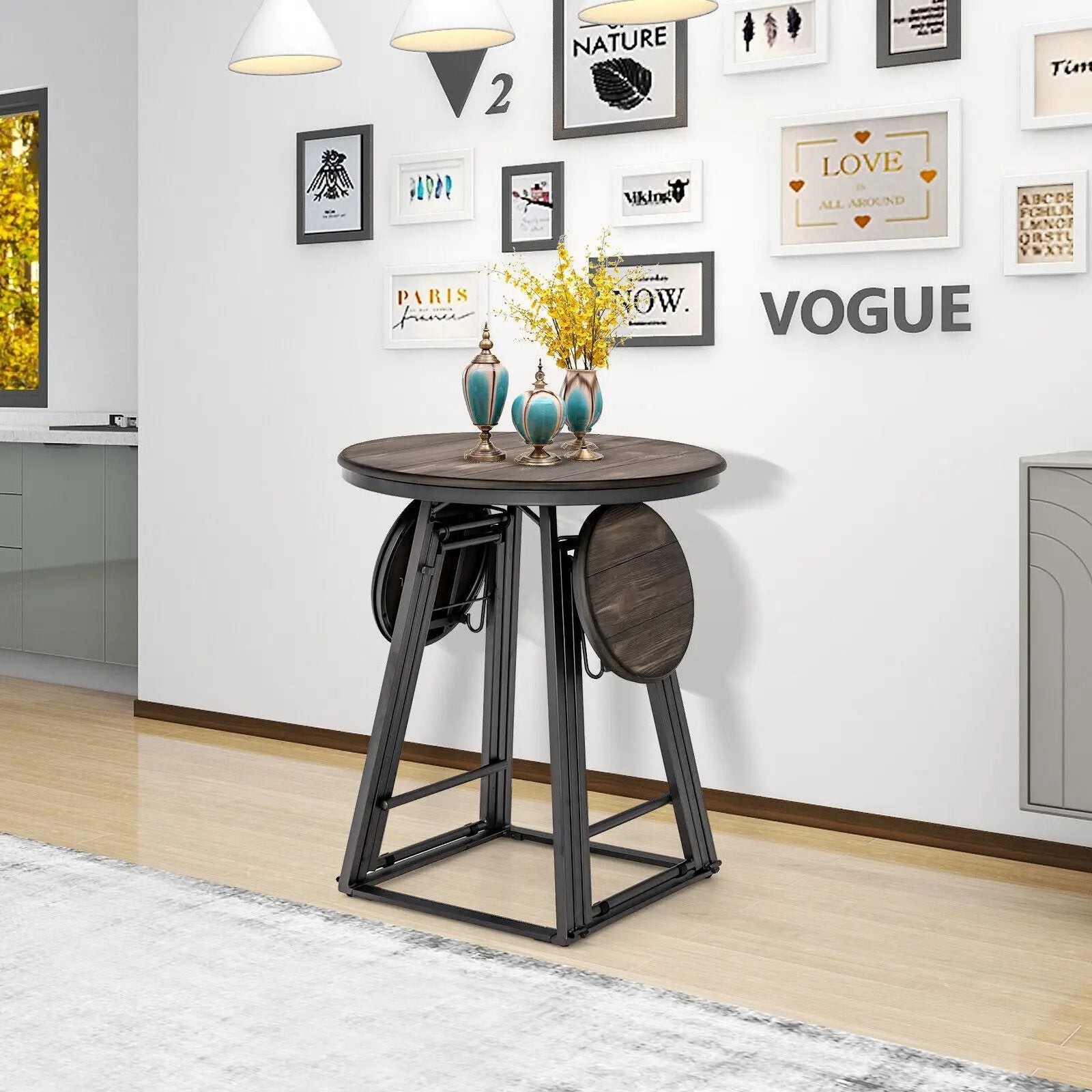 3 Pieces Dining Table Set with 2 Foldable Stools for Small Space-Gray by DirectDeals