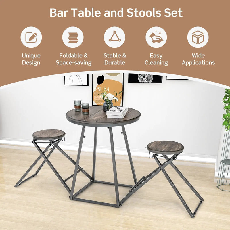 3 Pieces Dining Table Set with 2 Foldable Stools for Small Space-Gray by DirectDeals